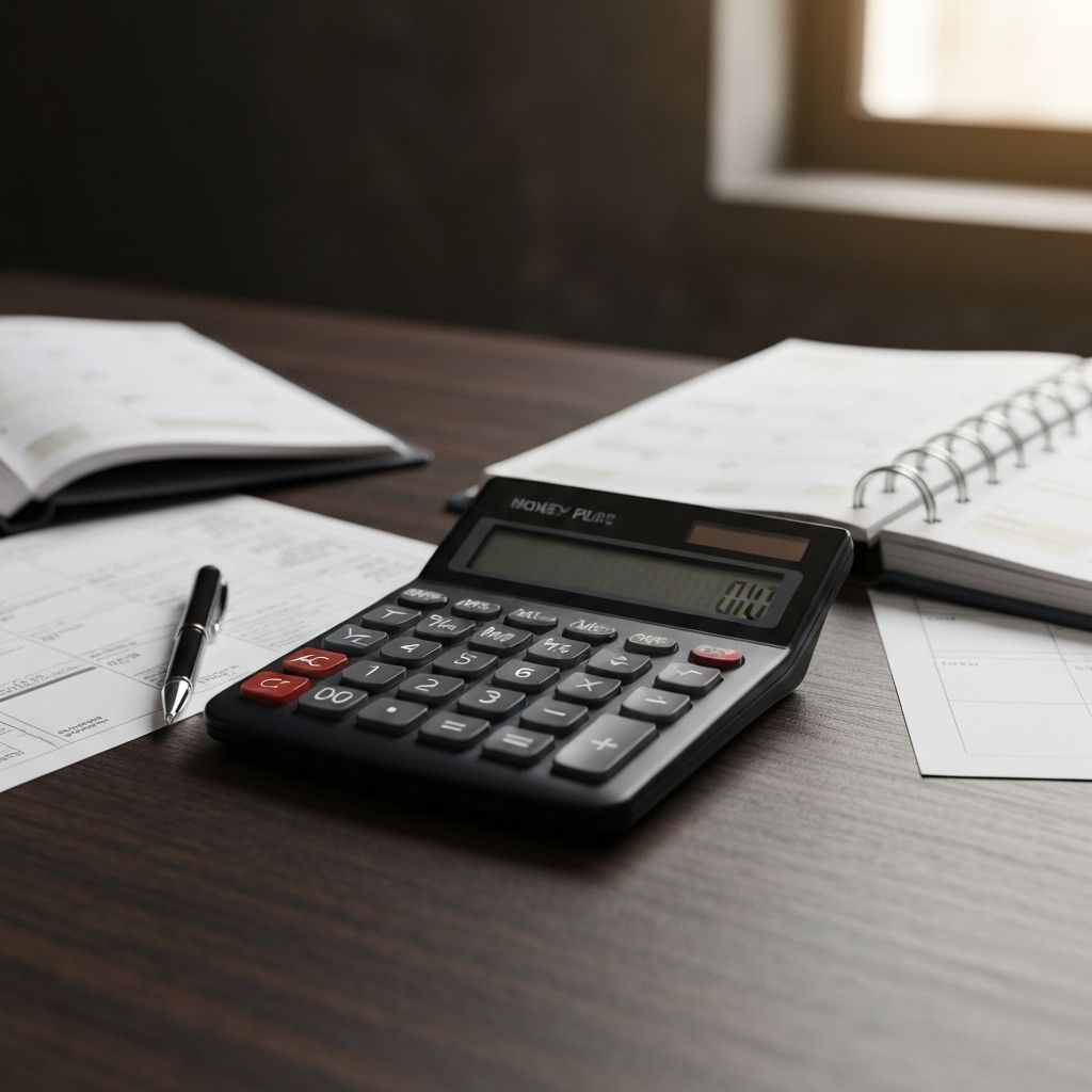 A calculator, papers, and an open notebook arranged on a desk