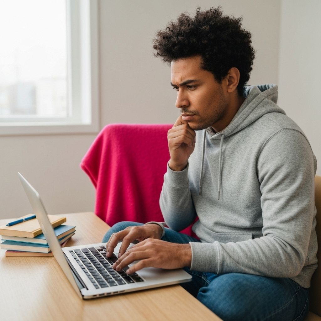A man reading information on a laptop at a desk